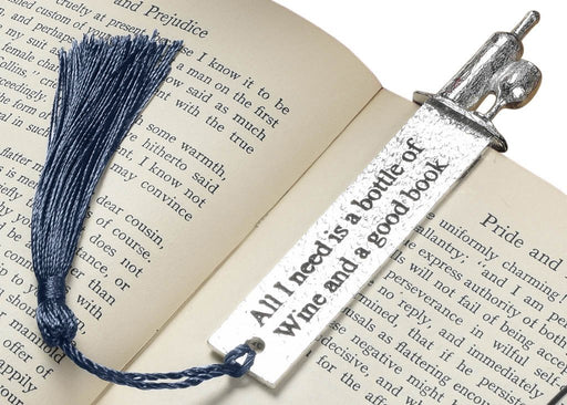 wine lover gifts by Judi Glover Art. The metal bookmark with a tassel is shown between two pages of a book