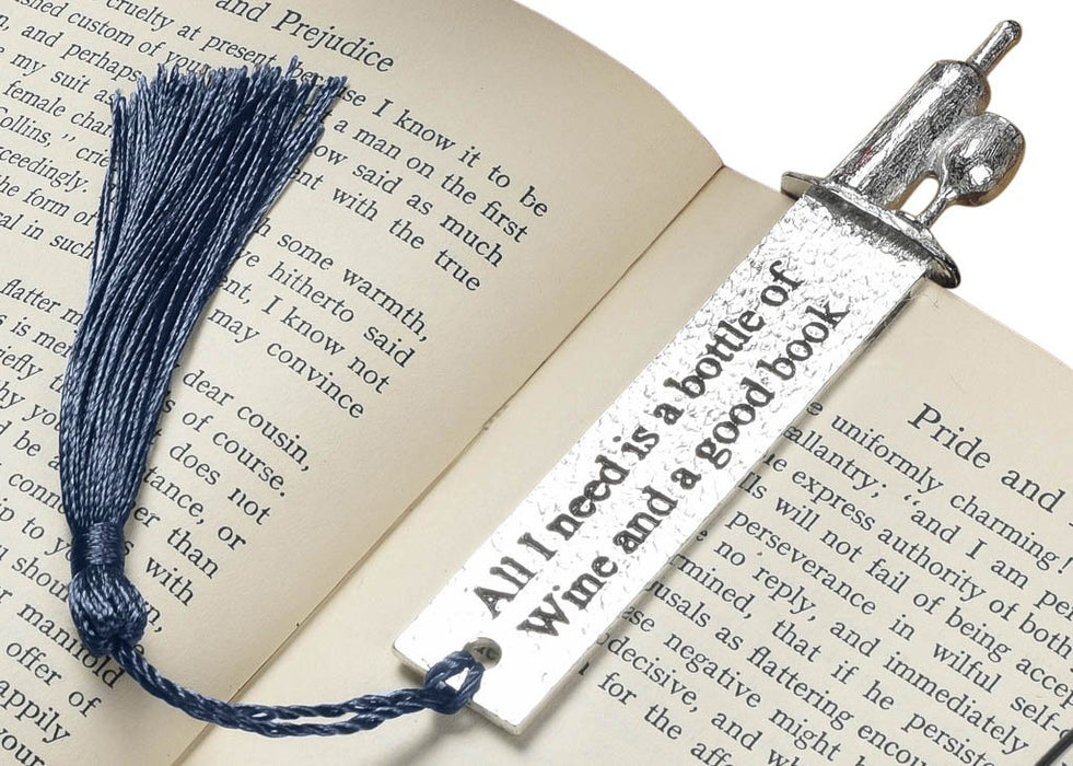 wine lover gifts by Judi Glover Art. The metal bookmark with a tassel is shown between two pages of a book