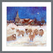 Christmas wall art from a painting by judi glover art. The Christmas art has a blue sky with snow falling on a church and sheep in a field